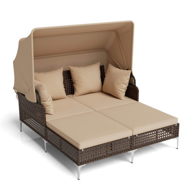 Outdoor Rattan Double Daybed with Retractable Canopy & Seat Back Cushions
