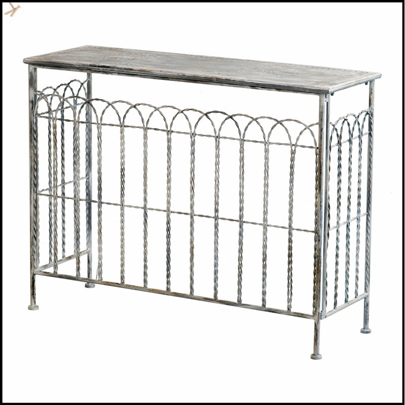 Rustic Iron Arched Fence Console Table With Weathered Silver Finish, Perfect For Narrow Spaces And Vintage Decor