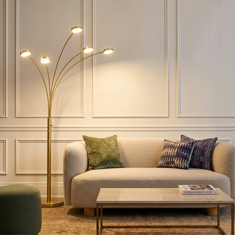 Orion Brass 74" Modern LED 5-Arm Arc Floor Lamp With Metallic Rotating Heads, Brass