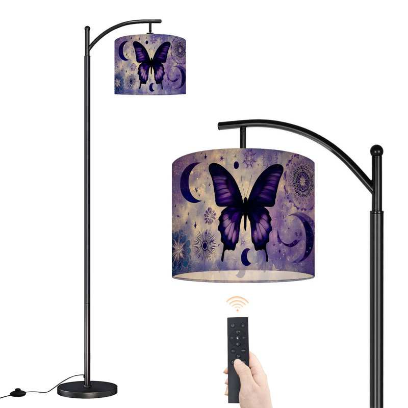 Lampe sur pied à arc avec abat-jour réglable papillon mauve noir blanc mandala bohémien étoile lune lampe sur pied 3 températures de couleur à intensité variable grand poteau avec interrupteur au pied pour la chambre à coucher
