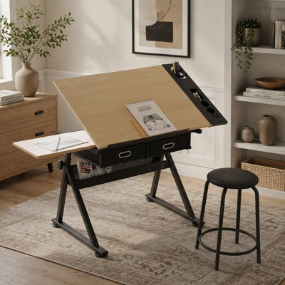 Adjustable Drawing Drafting Table Desk with 2 Drawers and Stool, Perfect for Home Office and School Use, Maple Finish
