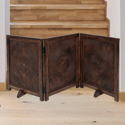 Barrière pliante pour chien en bois à 3 panneaux avec motif sculpté