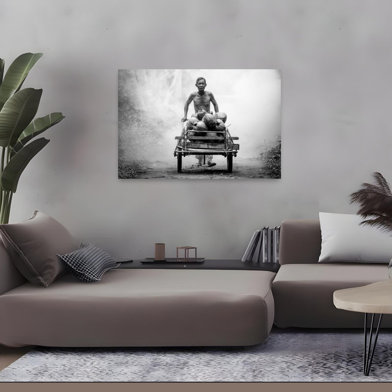 «Work Man», art contemporain mural tropical, fruits et charrette, H 32 po x l 48 po