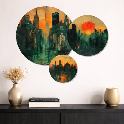 Orange and green vintage sunset on Manhattan city I – Skyscrapers Metal Wall Art Set of 3