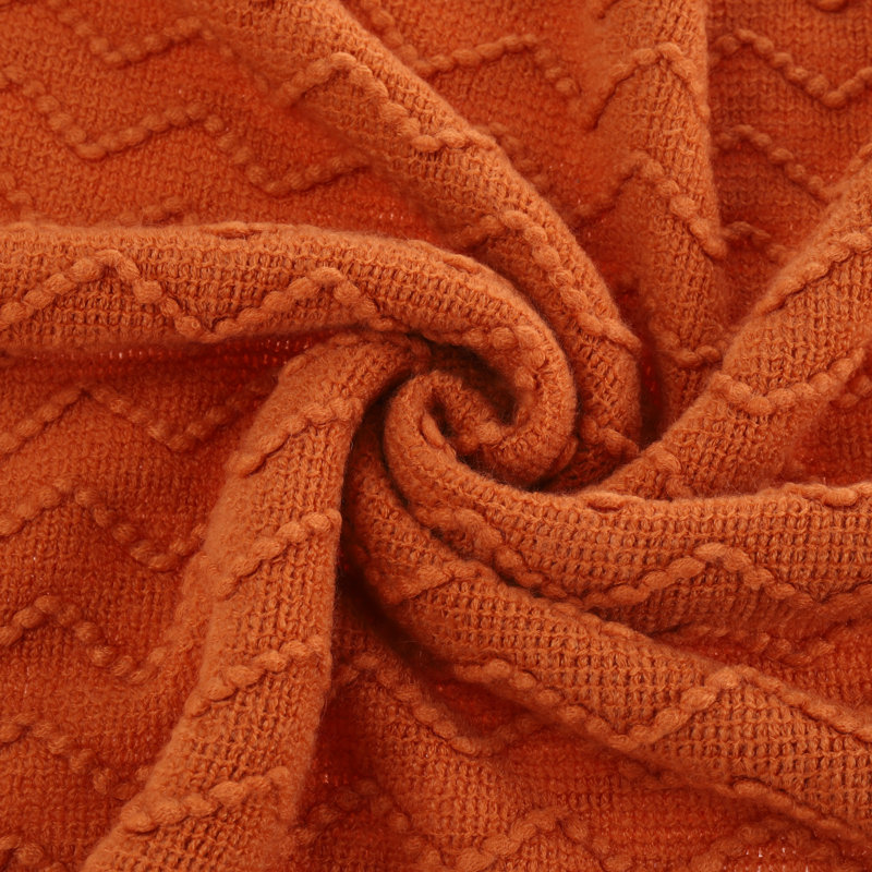 Burnt Orange Knitted Cotton Wool Throw Blanket with Tassels, 50"x60"