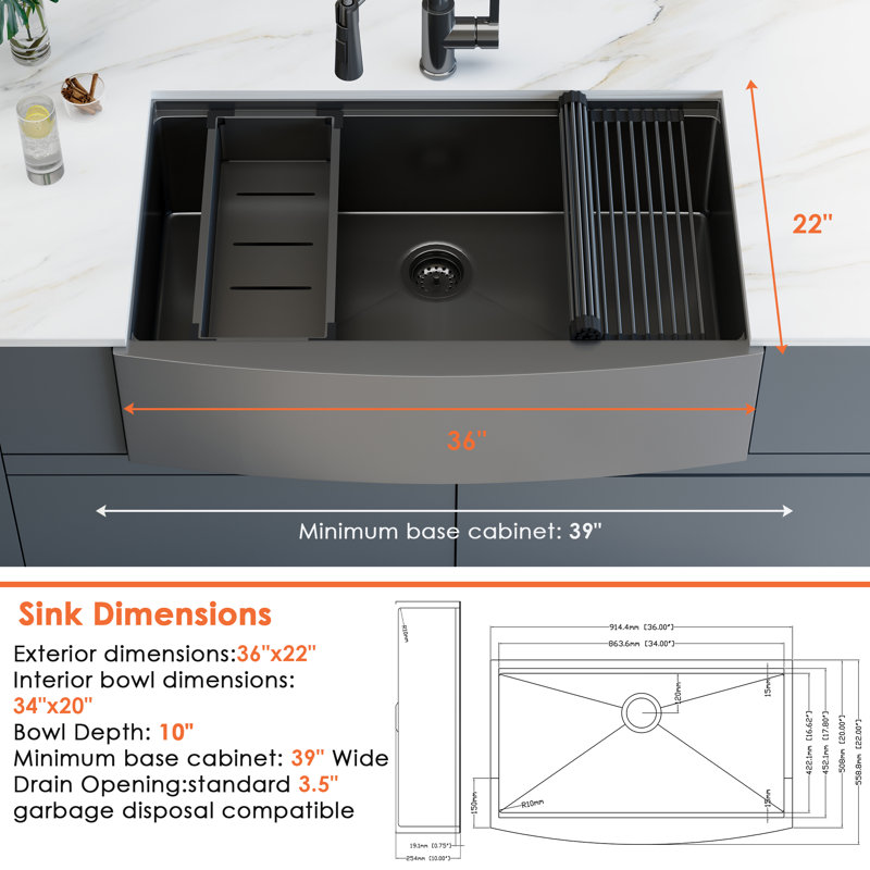 36" Gunmetal Black Farmhouse Workstation Kitchen Sink W/ Pull Out Faucet 16 Gauge Stainless Steel Single Bowl Sink