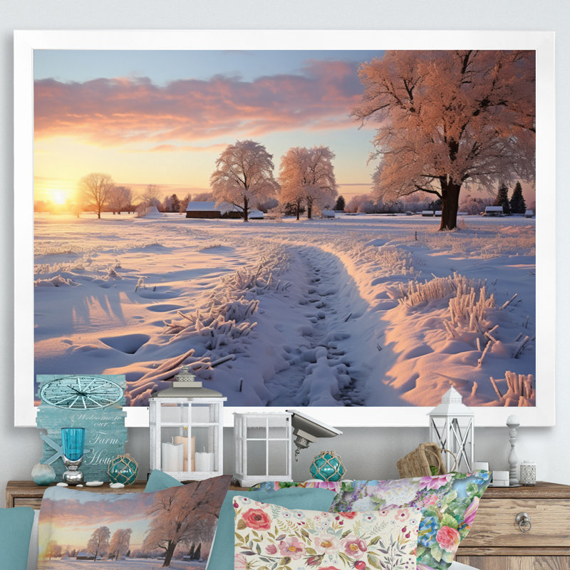 Art mural sur toile Path to the Winter Dusk, H 24 po x l 32 po x P 1 po, Cadre simple blanc