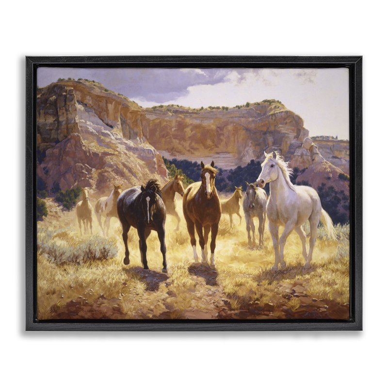 «Horses & Desert Cliff», art mural encadré flottant par Claire Goldrick, Cadre flottant noir de jais, H 17 po x l 21 po