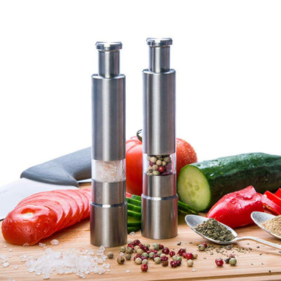 (set Of 2) Premium Stainless Steel Salt Grinder & Pepper Mill Set, Thumb Push Button