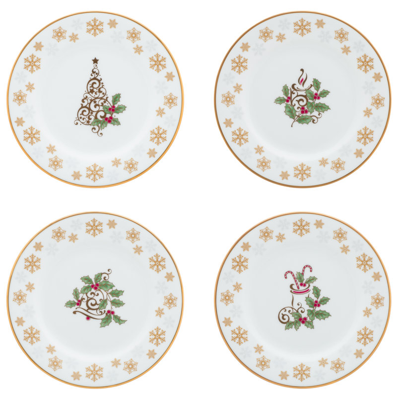 Noritake Holly & Berry Gold Set Of 4 Assorted Appetizer Plates, 6-1/4"