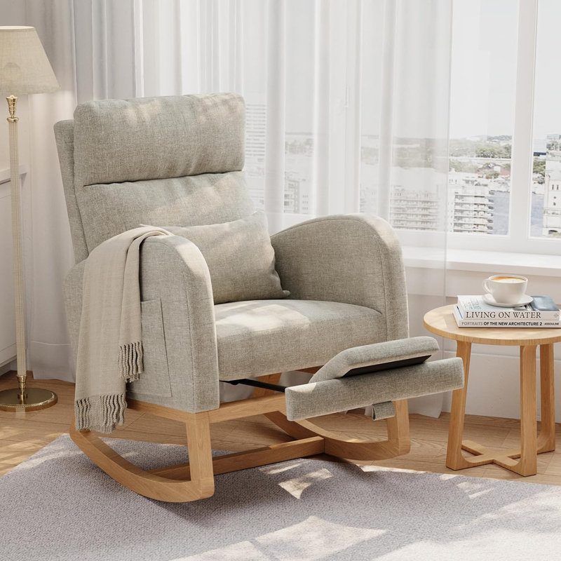 Chaise berçante en lin avec repose-pieds, fauteuil de chambre de bébé, gris