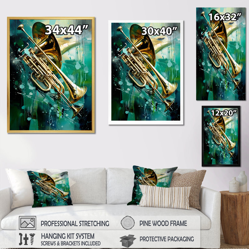 «Trombone Tribute Jazzed Jade II», reproduction sur toile, Cadre flottant noir, 44" H x 34" W