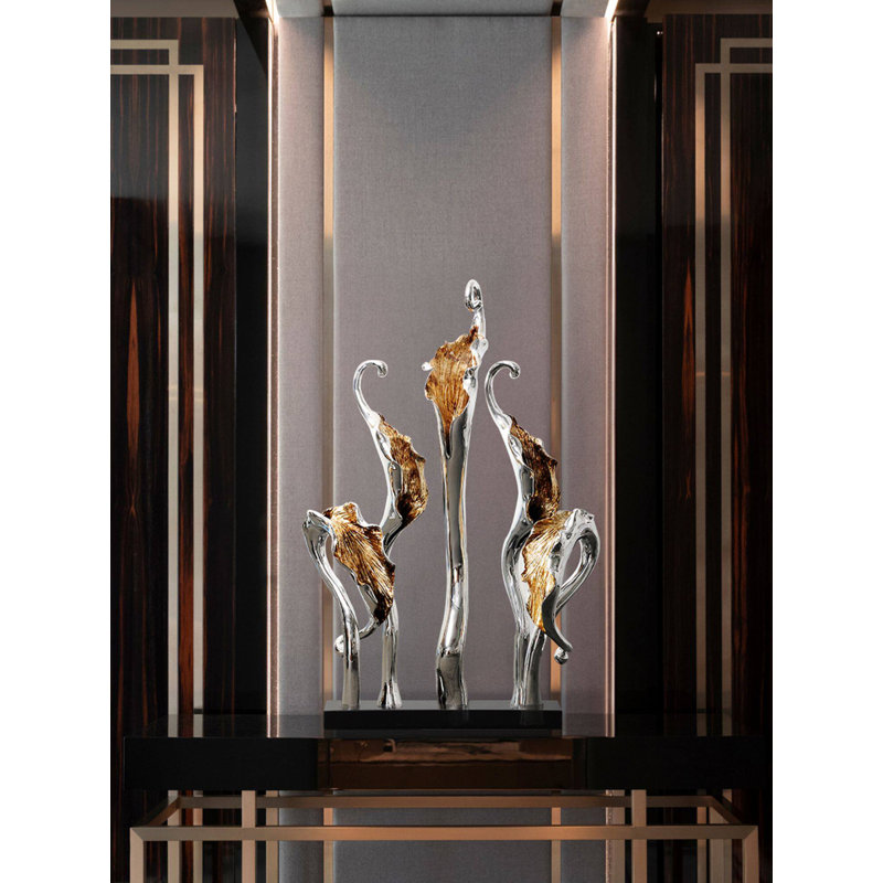 Sculpture moderne en résine abstraite, finition argentée et dorée, décor de table contemporain