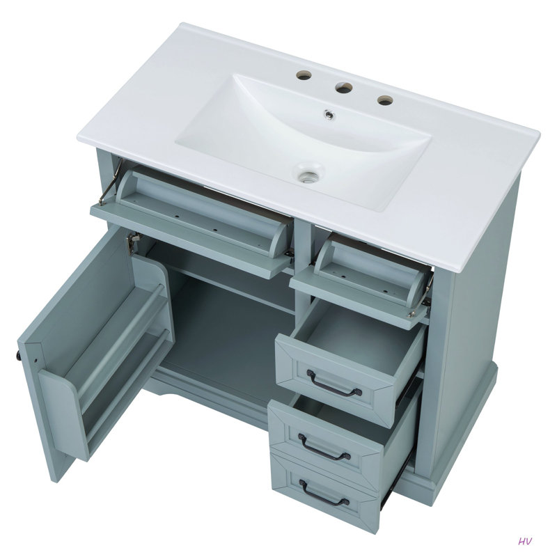 Meuble-lavabo 36 po avec lavabo, lavabo en céramique, 2 tiroirs basculants, charnières de porte à fermeture en douceur, Gris
