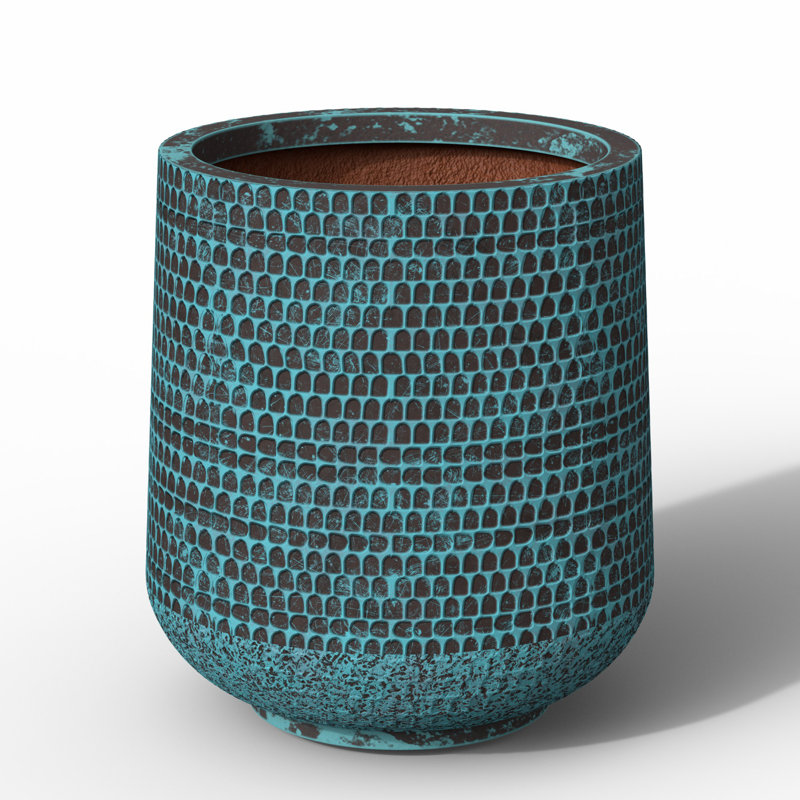 13 in. Medium Blue Patina(Enhanced Interior) Concrete Round Planter / Pot with Drainage Holes, 13.39" H x 12.99" W x 12.99" D