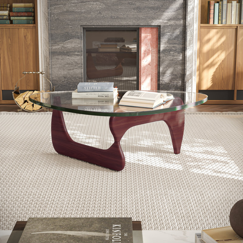 Table basse Mid-Century Premium Triangle avec plateau en verre et base en bois massif, Noyer foncé