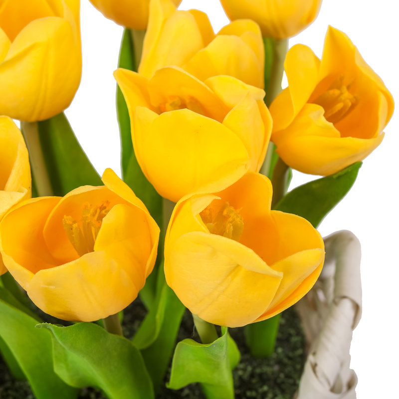 Bouquet de tulipes dans un panier blanc, Jaune, Gris