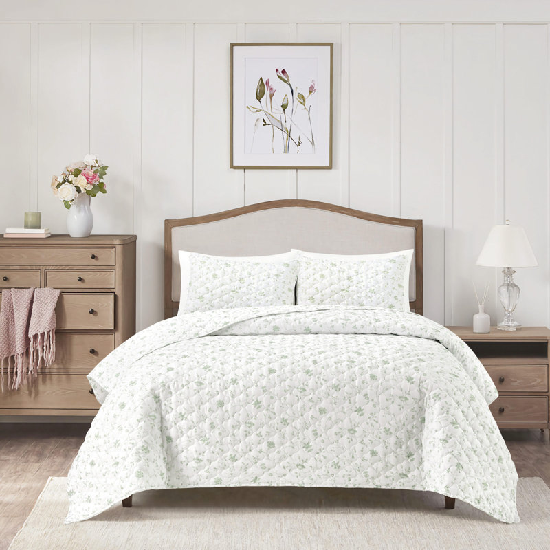 Ensemble de courtepointe réversible Laura Ashley Juliette, Courtepointe pour grand lit + 2 taies décoratives, Vert