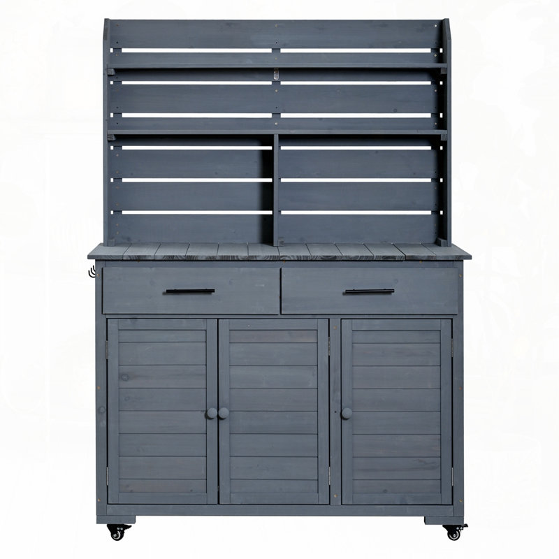Grand banc de jardinage 65 po avec roues verrouillables et armoire de rangement, Gris
