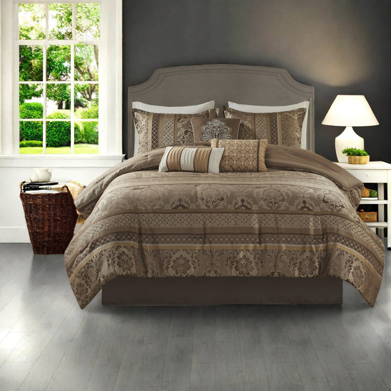 Ensemble de literie luxueux en jacquard 7 pièces, en polyester brun et doré, pour Cal King