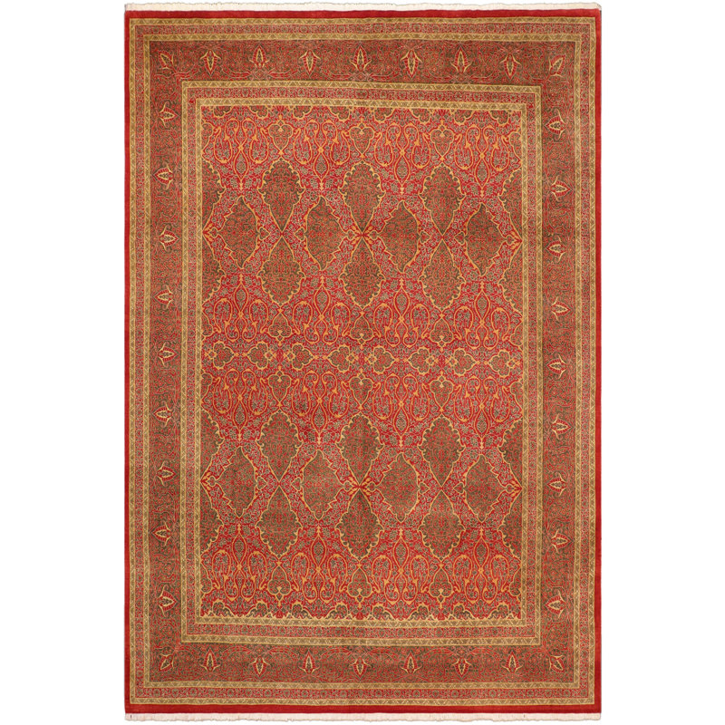 Tapis oriental rouge en laine noué à la main 9 pi 1 po x 11 pi 6 po Paret