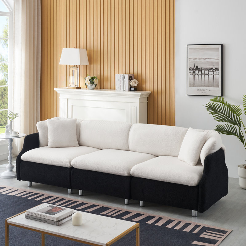 Canapé moderne 95,3 pouces en velours noir et blanc, deux coussins décoratifs, canapé 3 places spacieux et confortable, salon moderne adapté. Noir et blanc