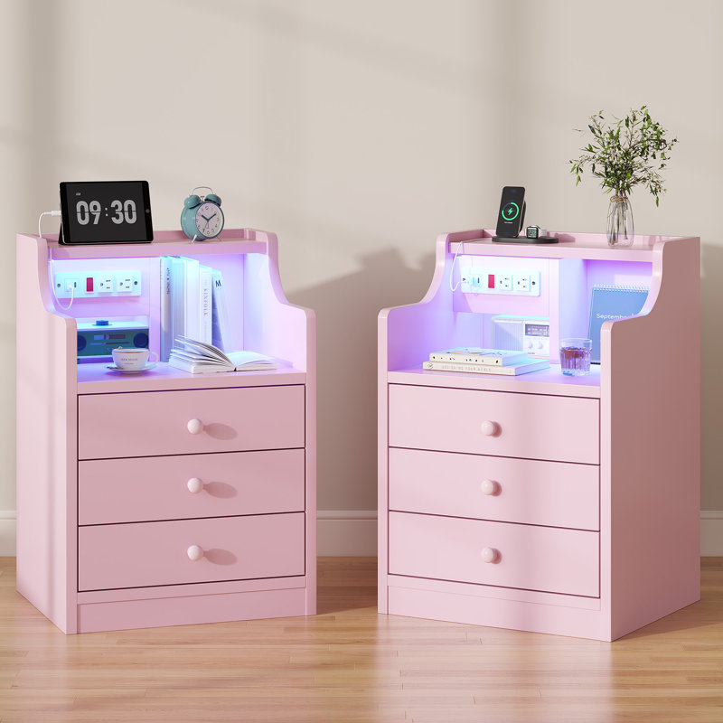 Nightstand Set Of 2 With Charging Station, Led Bedside Table With Drawers, Pink