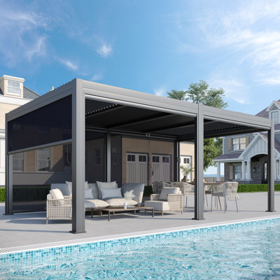 20 ft. W x 12 ft. D Outdoor Louvered Pergola with Auto-Adjustable Side Screen, Rainproof Roof, Thickened Aluminum Frame, and Remote-Controlled Light String for Deck, Patio & Hot Tub