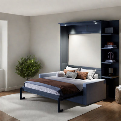 Lit escamotable gris moderne et peu encombrant avec canapé confortable