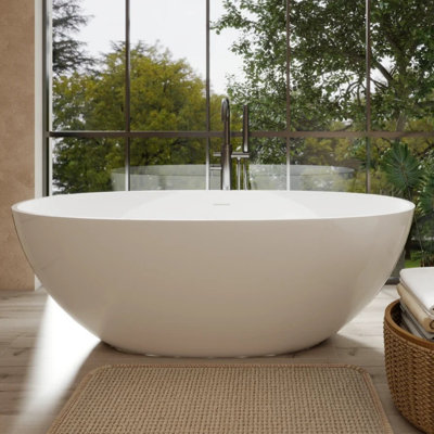 65" x 30" Freestanding Soaking Tub‑Solid Surface Artificial Stone Resin Freestanding Bathtub with Overflow & Pop‑up Drain for Bathroom, Glossy White