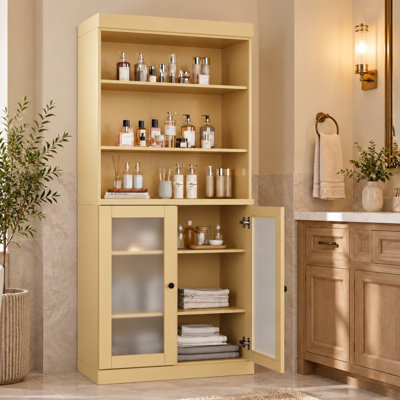 Armoire de salle de bain 100% bois massif 32 po avec portes en verre givré et tablettes réglables