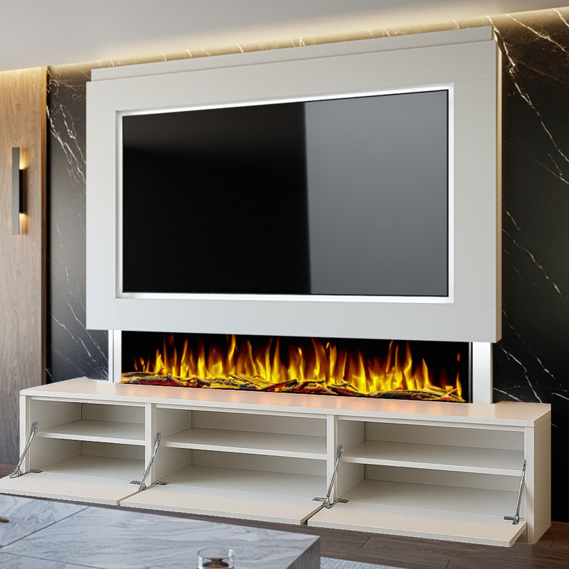 Evolution Fires Pre-Built Media Wall Package 23, finished in textured Venetian Plaster, includes Spectrum Series 72 Series 3-Sided Electric Fireplace