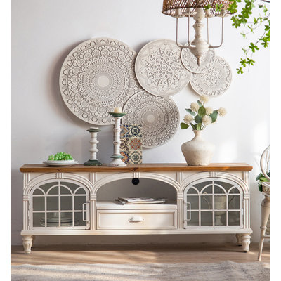 Farmhouse Style TV Cabinet with Solid Wood Top and Glass Storage