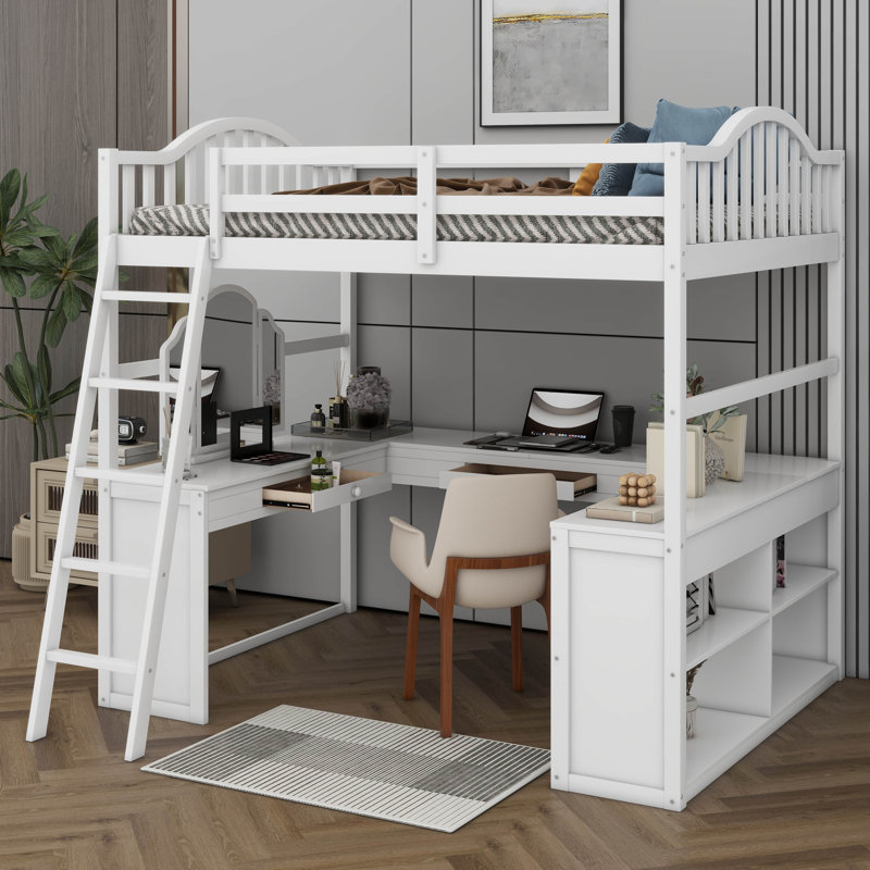 Loft Bed With U-shaped Desk, Bookcase And Mirror, White