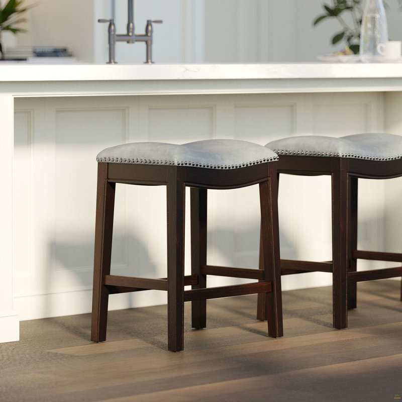 26In. H Counter-Height Wood Barstool With Gray Faux-Leather Seat, 1PC, Gray