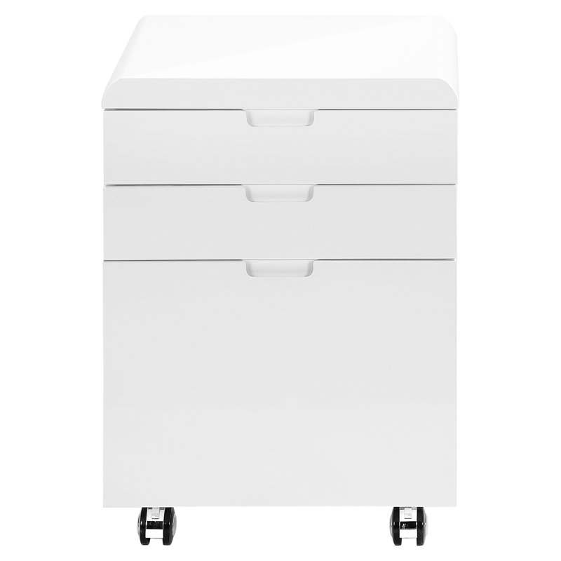Classeur à roulettes contemporain avec stratifié blanc brillant et options de rangement polyvalentes Traitement de surface, tiroirs de bureau, support d'imprimante moderne