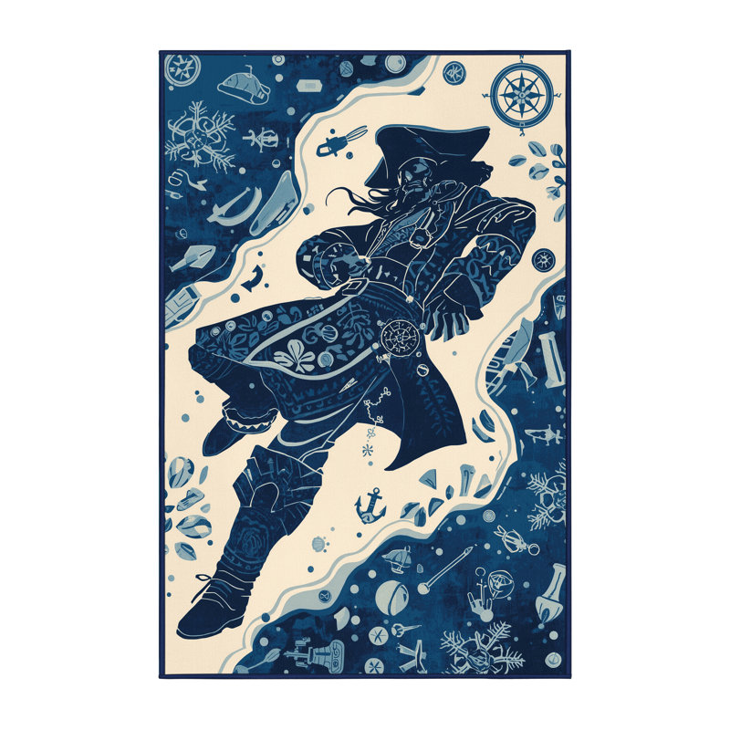 Soft Plush Dunton Pirate Treasure Hunter Bohemian Block Print Area Rug in Blue – Navy Binding, 5x8