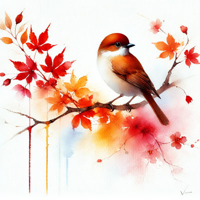 Vibrant Autumn Bird with Red Leaves Wrapped Canvas Wall Art