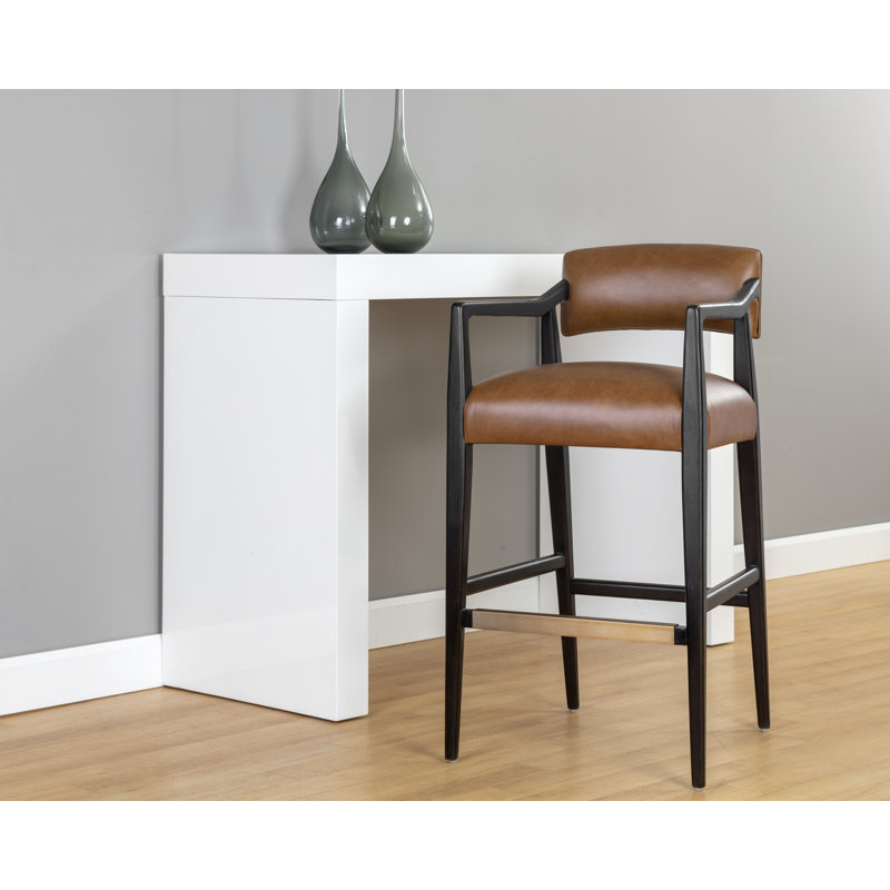 Upholstered Stool, Bar Stool (31.50" Seat Height), Light Gray Leather