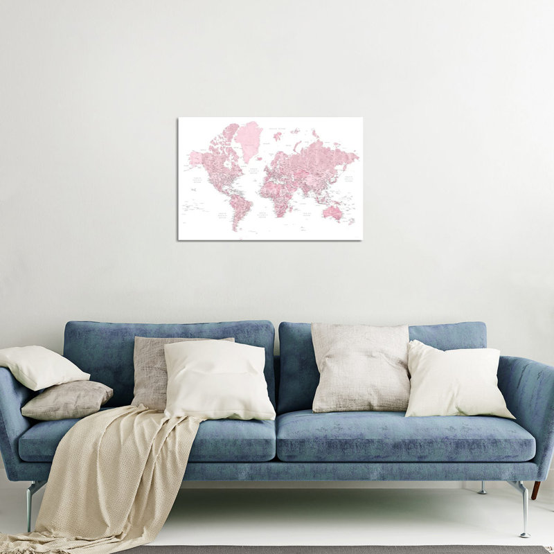 Carte du monde détaillée avec aquarelle rose «Melit» par Blursbyai - impression sans cadre, H 24 po x l 32 po x P 0,25 po