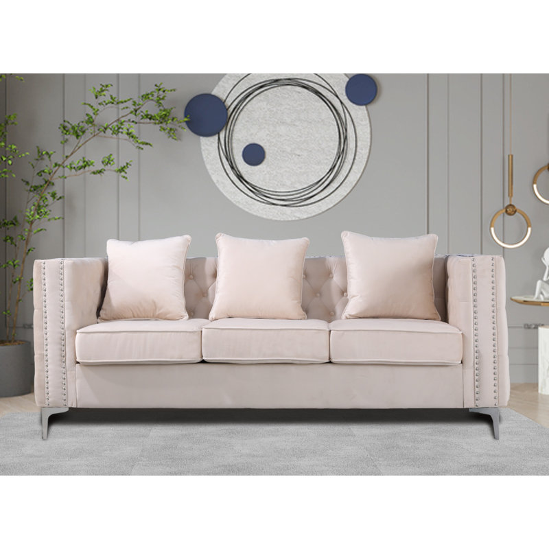 Vanida Charterhouse 86.4" Velvet Tuxedo Arm Sofa, Beige Velvet
