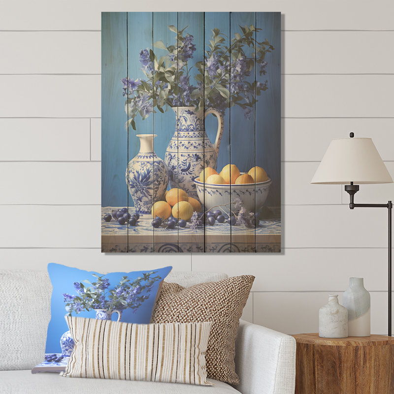 Motif de cuisine méditerranéen nature morte II - poterie bohème sur bois, H 20 po x l 10 po