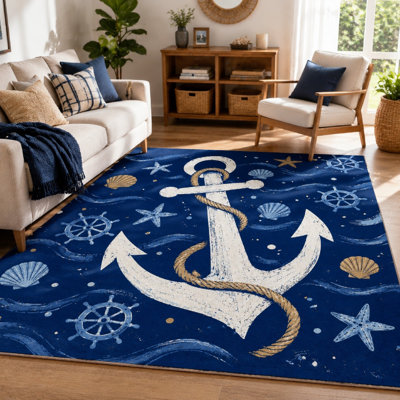 1Pcs Nautical Anchor Ocean Theme Design - Washable Indoor Rug, Non-slip Backing, Large Thin Floor Mat,  for Living Room Bedroom Kitchen Office for home detor