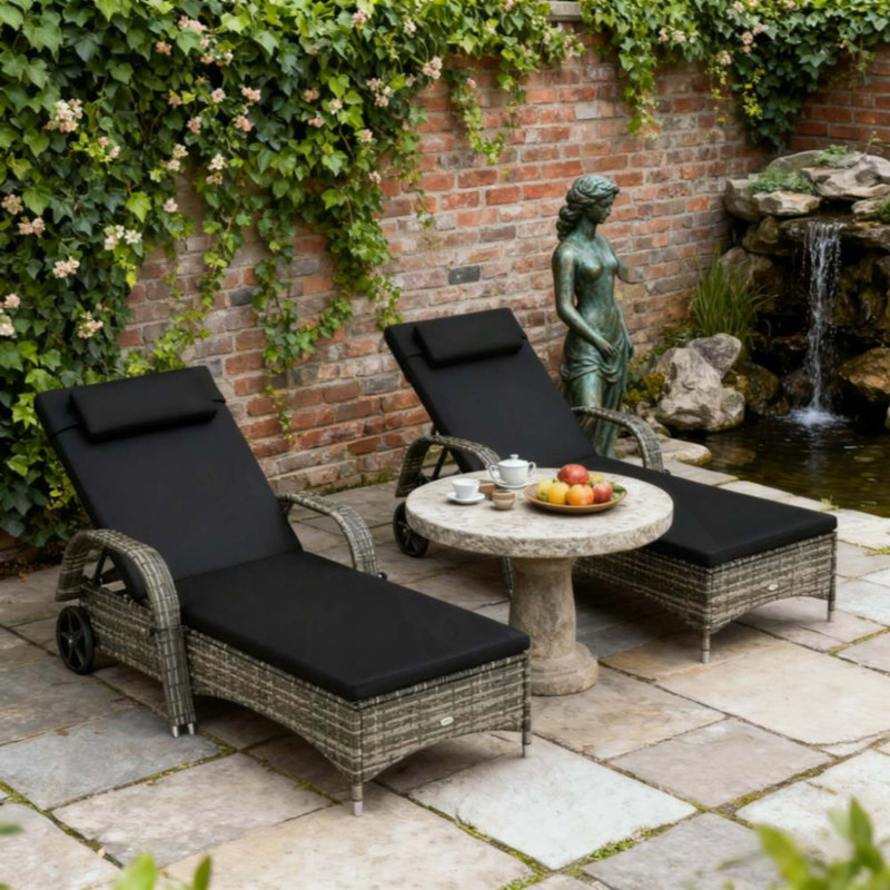 Rolling Outdoor Chairs, 2 Reclining Chaise Lounge Chairs With Cushion, Dark Blue, Mixed Brown, 2