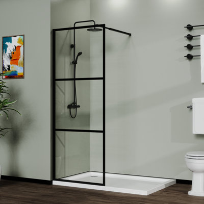 34" Shower Screen Door , Black - Tempered Glass Strong Upper Bar Support Fits Any Space Install Partition And Adjustable Easy Installation