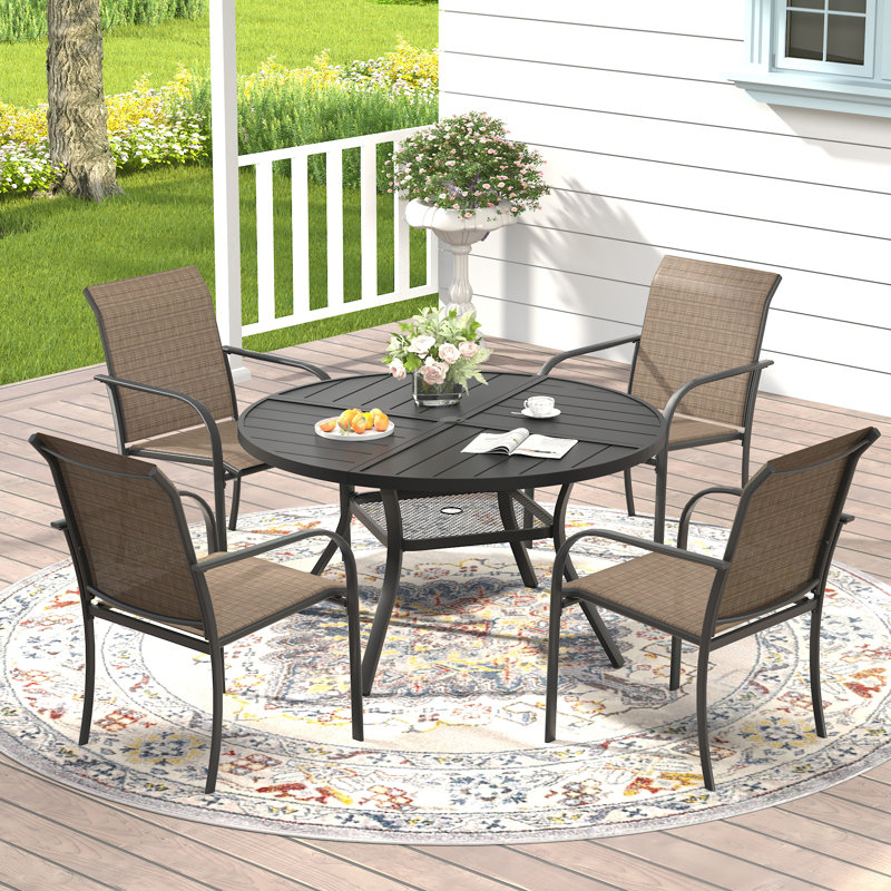 4-Person Patio Dining Set with Round Dining Table and 4 Stackable PVC-coated polyester Armrest Chairs, Black/Brown