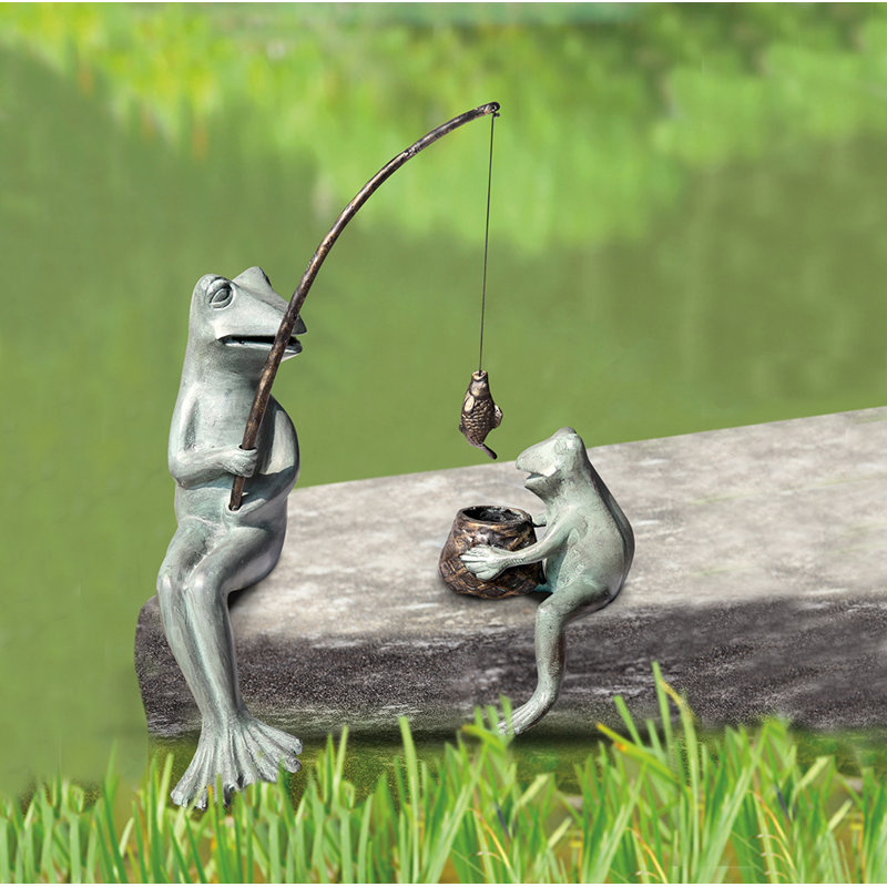 Fishing Frog Mama & Baby Garden Statue