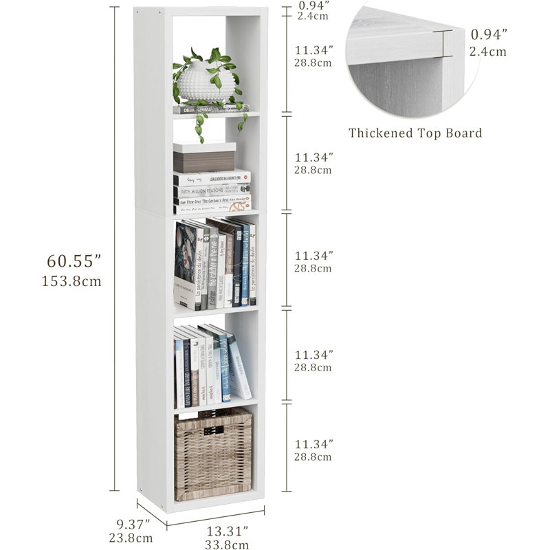 Bibliothèque de rangement à 5 cubes à une rangée, présentoir décoratif à dos ouvert avec cadre épaissi, organisateur en bois robuste avec surface lisse facile à nettoyer pour le salon, la chambre à coucher et le bureau personnel, facile à assembler. (5 carrés, blanc)
