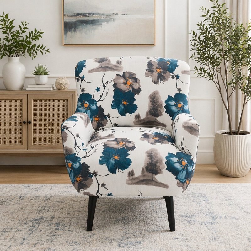 Fauteuil moderne avec coussins moelleux et pieds en bois d'hévéa, Blanc / Bleu