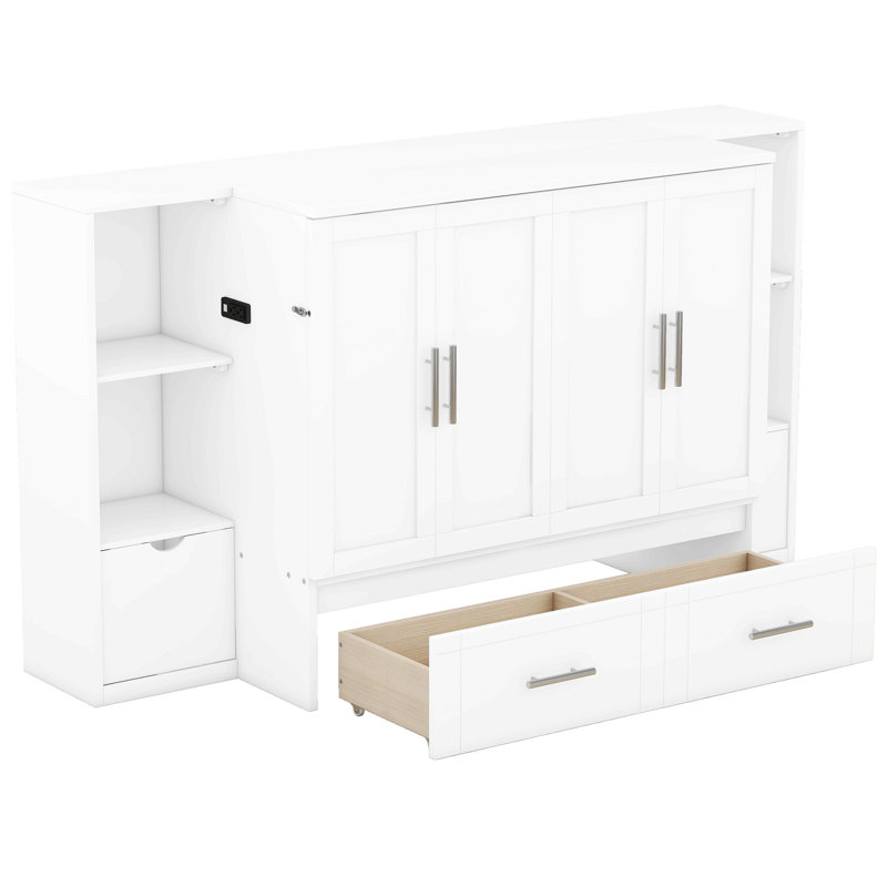 Lit escamotable avec tablettes, tiroirs et ports USB Murphy, Grand lit, Blanc